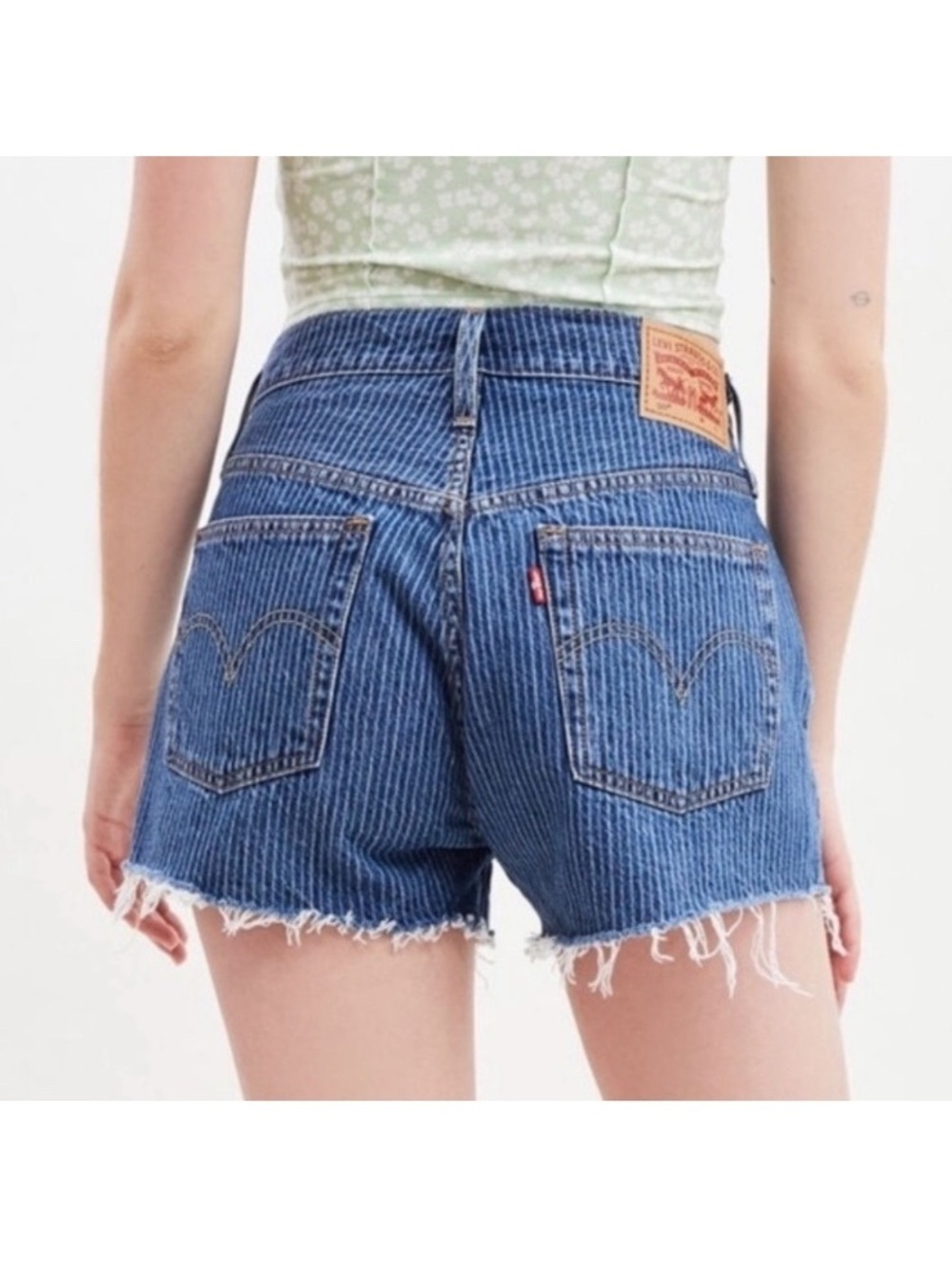 Levi's 501 Pinstripe Blue High Rise Denim Jean Shorts Raw Hem Women’s size 33